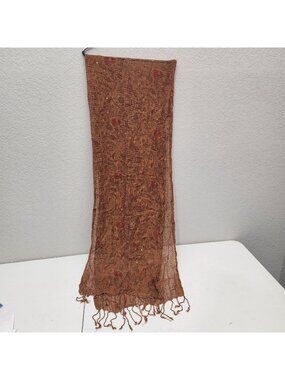 Lightweight Brown Paisley Sequin Scarf With Fringe Detail - Made In India - 100%